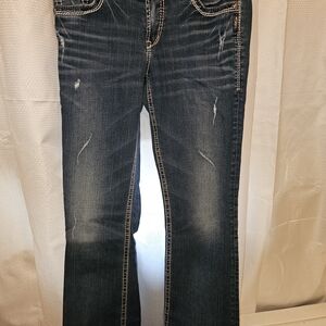 Silver Jeans Women's Boot Cut Dark Blue Distressed Denim